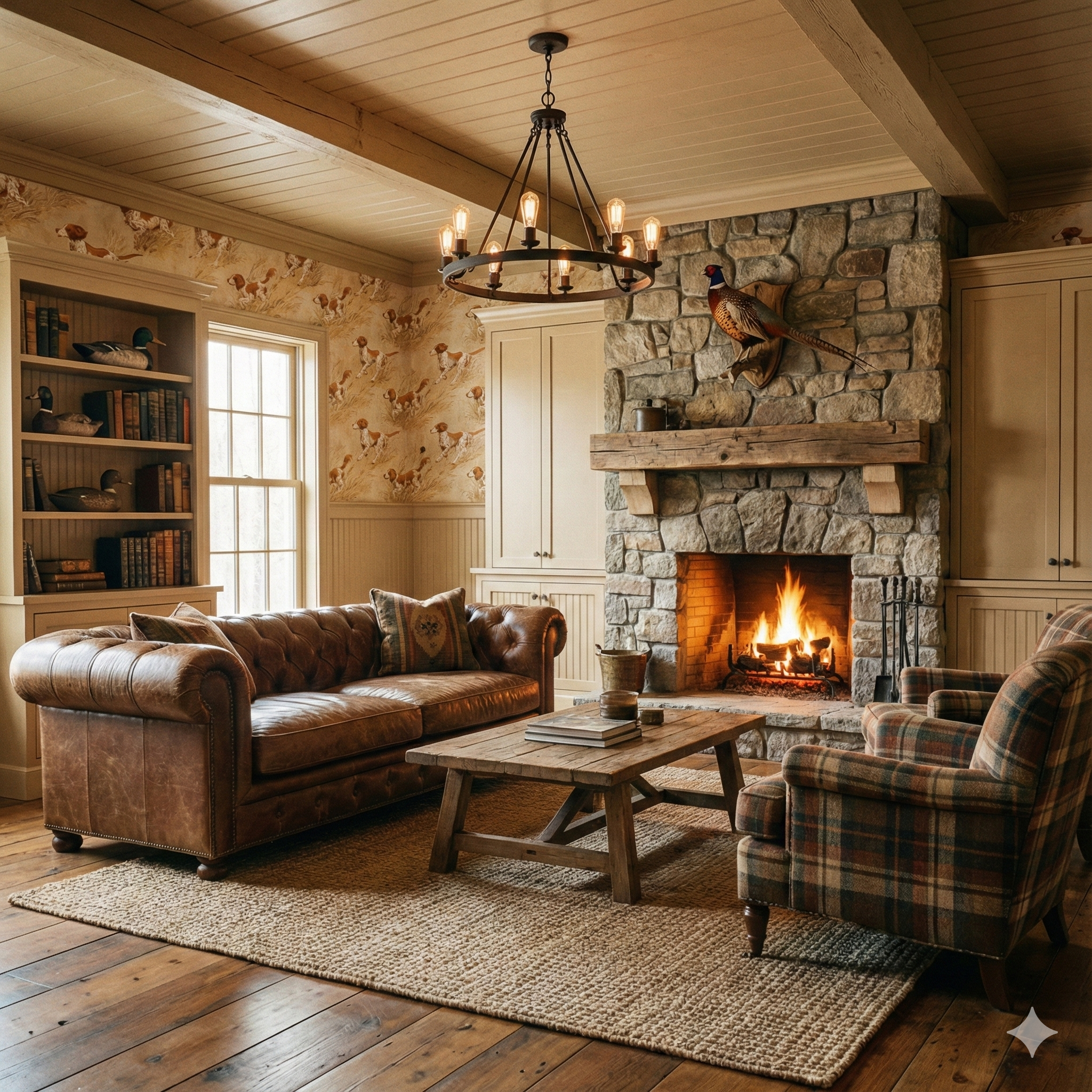 Wallpaper with a dog and pheasant pattern on a tan wall by Redfern Chase.