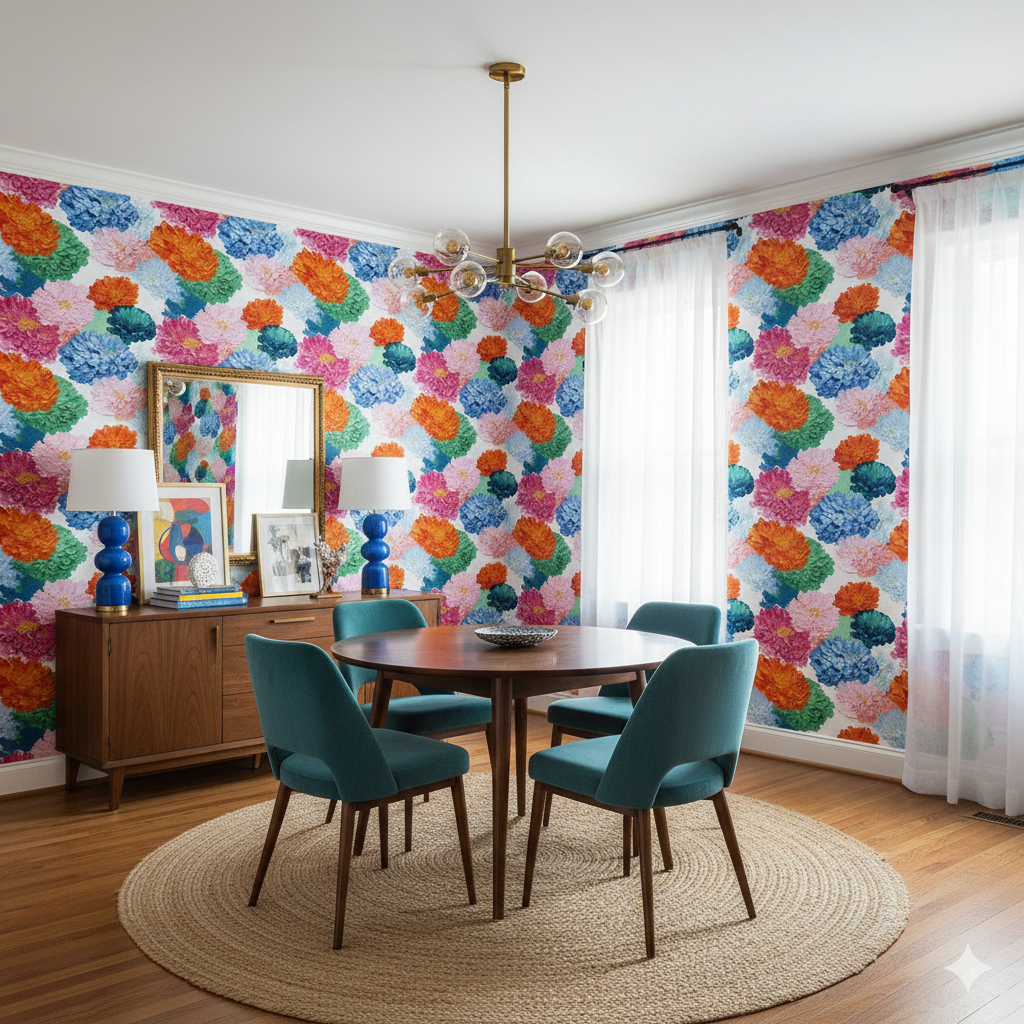 Floral chrysanthemum sonata wallpaper with bright colors and pattern, covering the walls in an eclectic dining room.
