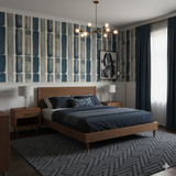 Fjord Line Wallpaper with blue and grey painted stripe pattern, covering the wall in a bedroom.