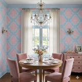 Blush wallpaper with floral damask design on a light blue background.