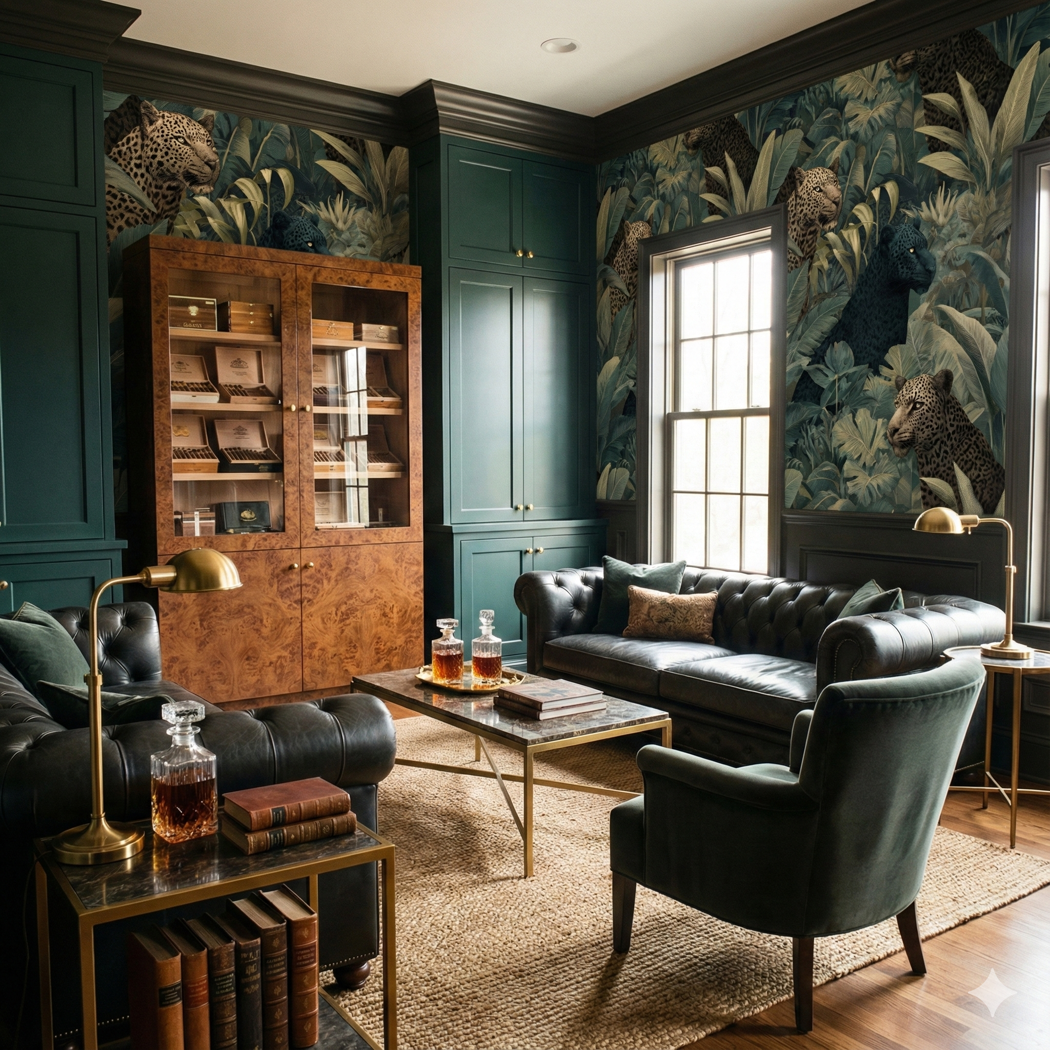 Amadora Wildlands Wallpaper with leopard and black panther design, covering the wall in a luxurious room.
