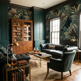 Amadora Wildlands Wallpaper with leopard and black panther design, covering the wall in a luxurious room.
