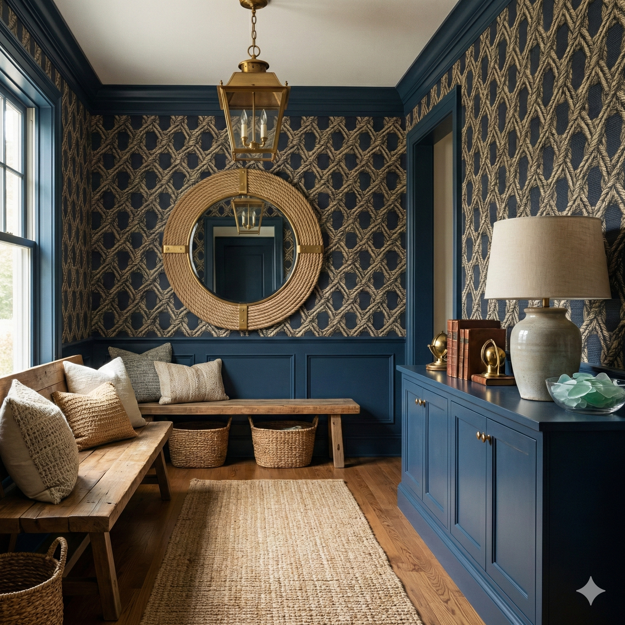 Hitch Knot Ledger Wallpaper with nautical rope pattern on blue background.
