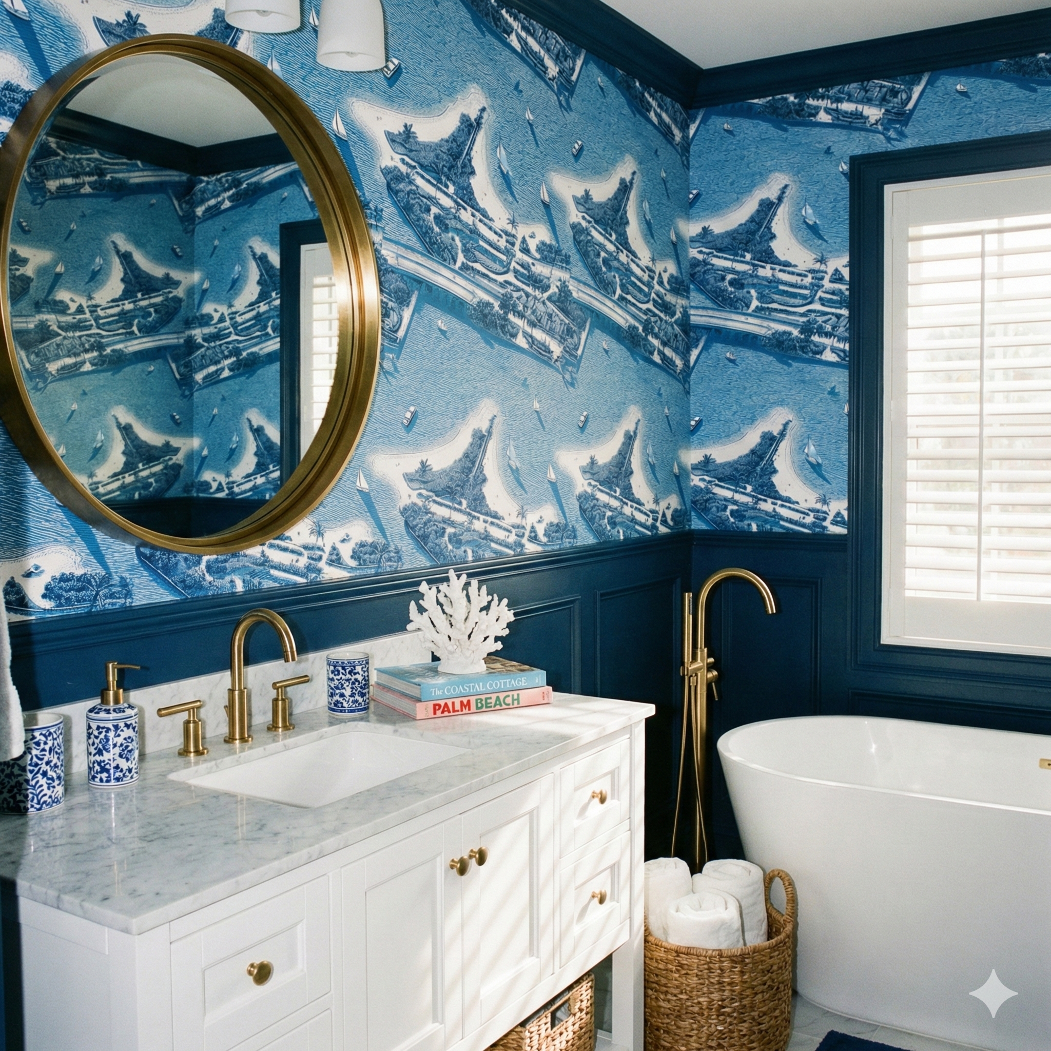 Intracoastal Blueprint Wallpaper with blue nautical design featuring ships, islands, and ocean details.
