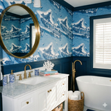 Intracoastal Blueprint Wallpaper with blue nautical design featuring ships, islands, and ocean details.