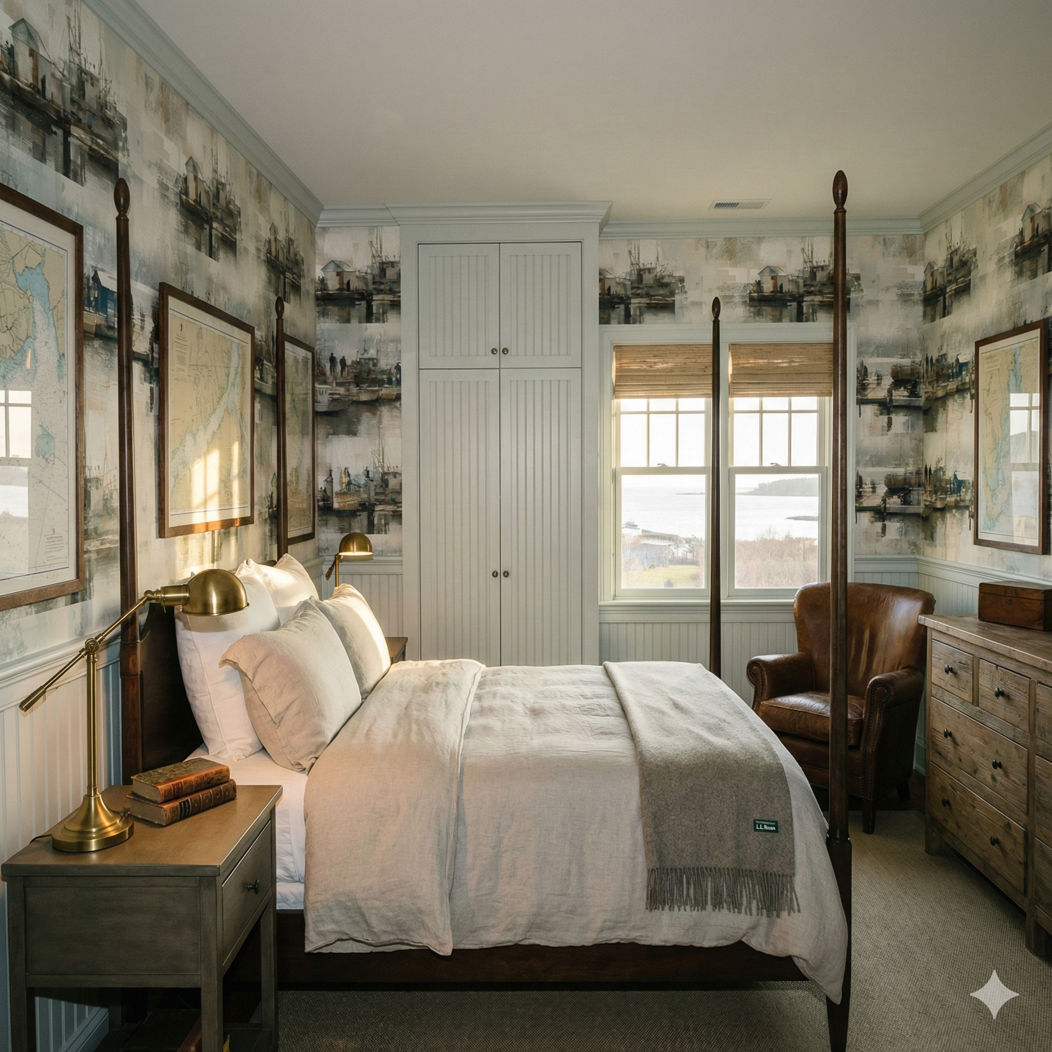 Fleetwork wallpaper with a harbor scene pattern, covering the walls of a bedroom.