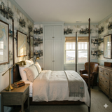 Fleetwork wallpaper with a harbor scene pattern, covering the walls of a bedroom.