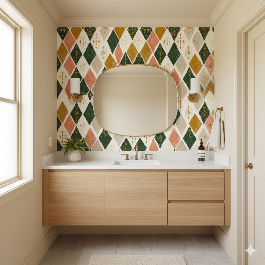 Harlequin pattern wallpaper featuring green, yellow, and pink diamond shapes.