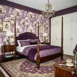 Patterned wallpaper featuring poodle portraits on damask by Versailles Vogue.