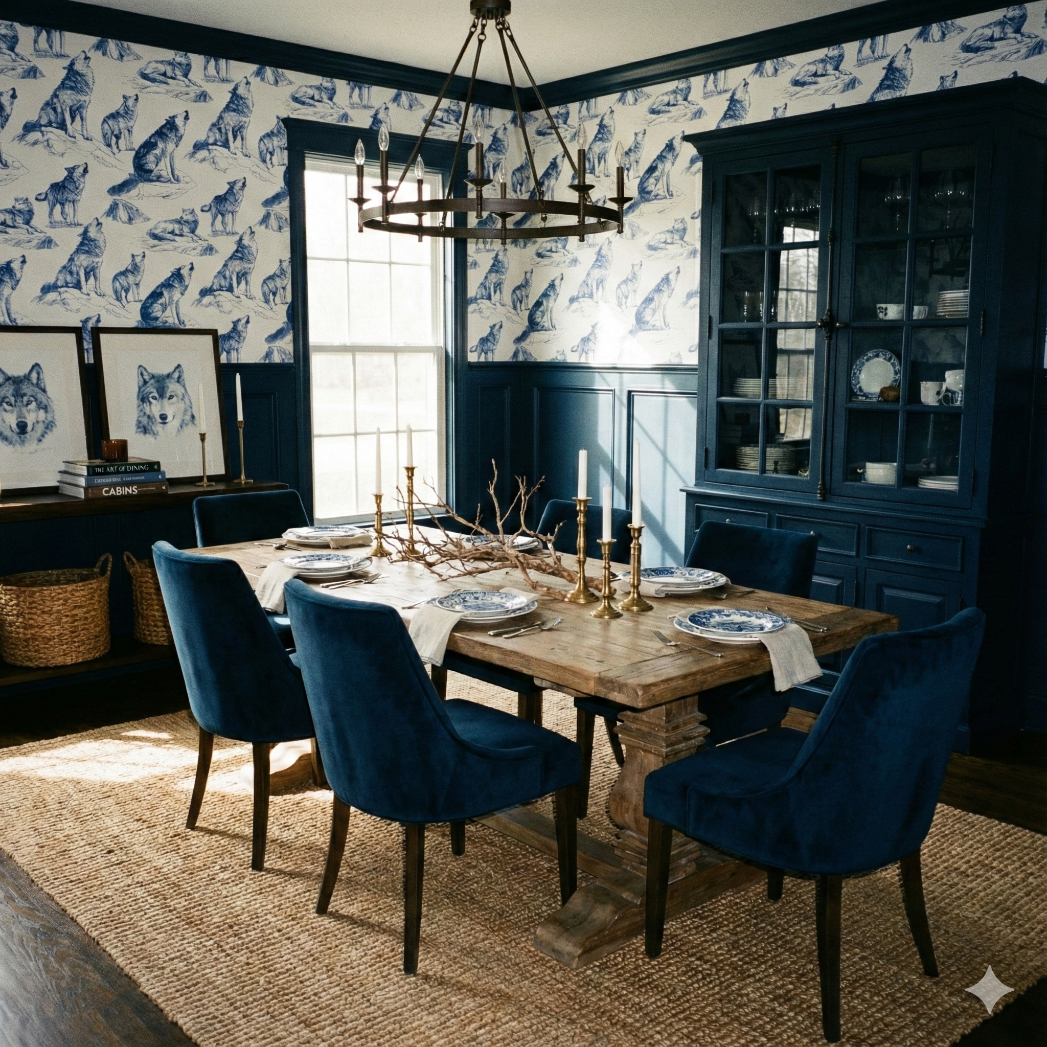 Howlcrest Ridge Wallpaper featuring a blue and white wolf pattern.