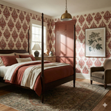 Cinnabar Vignette wallpaper with a floral damask pattern covering the bedroom walls.