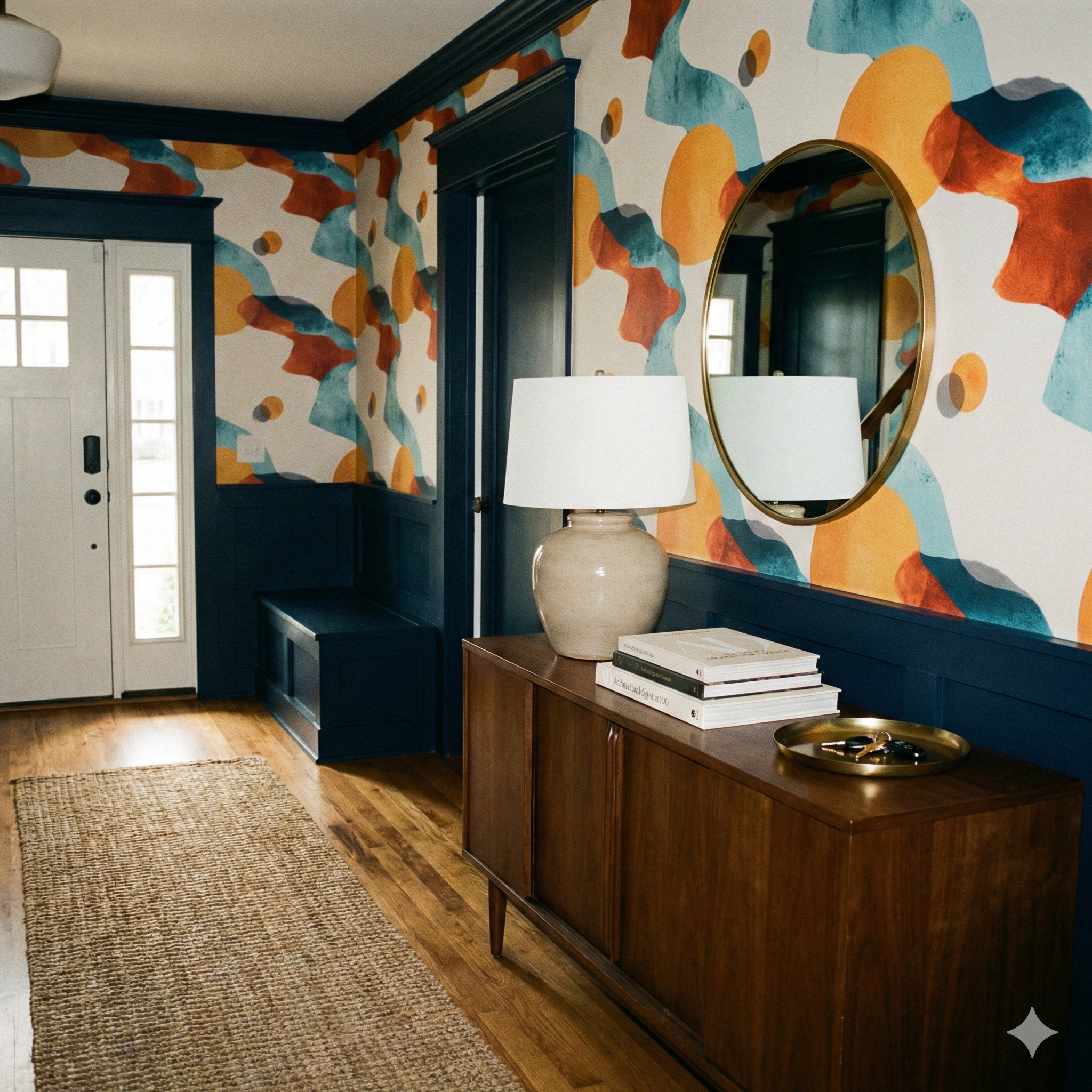 Abstract multicolor patterned wallpaper from York Wallcoverings, adorning a hallway above dark blue wainscoting.