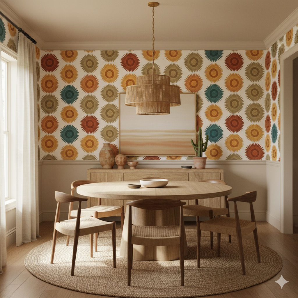 Sol de Cusco Wallpaper with a colorful retro floral pattern.
