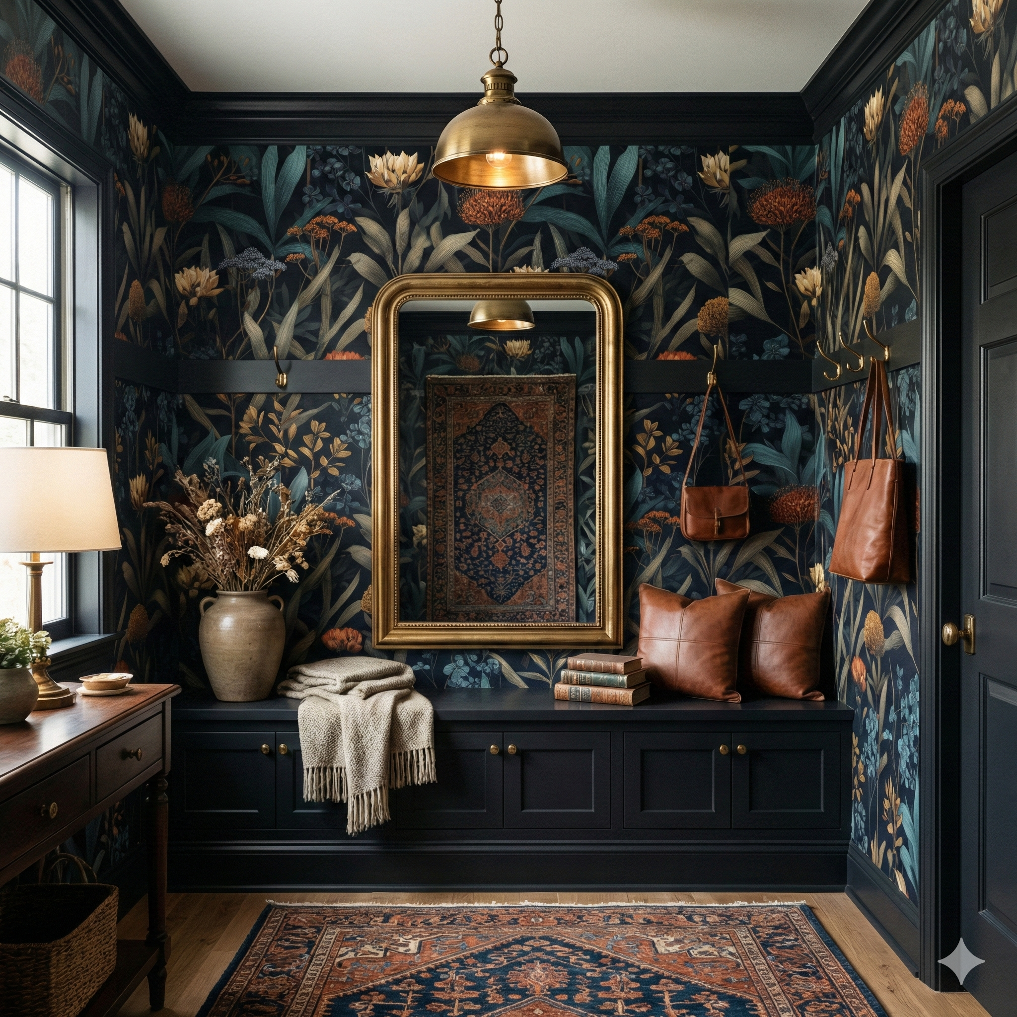 Ashroot Garden Wallpaper with floral pattern on the walls of an elegant hallway.
