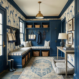 Fleetwater Hounds wallpaper with dog motif pattern and blue accent trim.