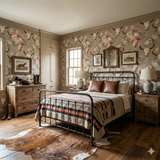 Floral bull skull wallpaper with roses, on walls and trim, with rustic bedroom furniture.