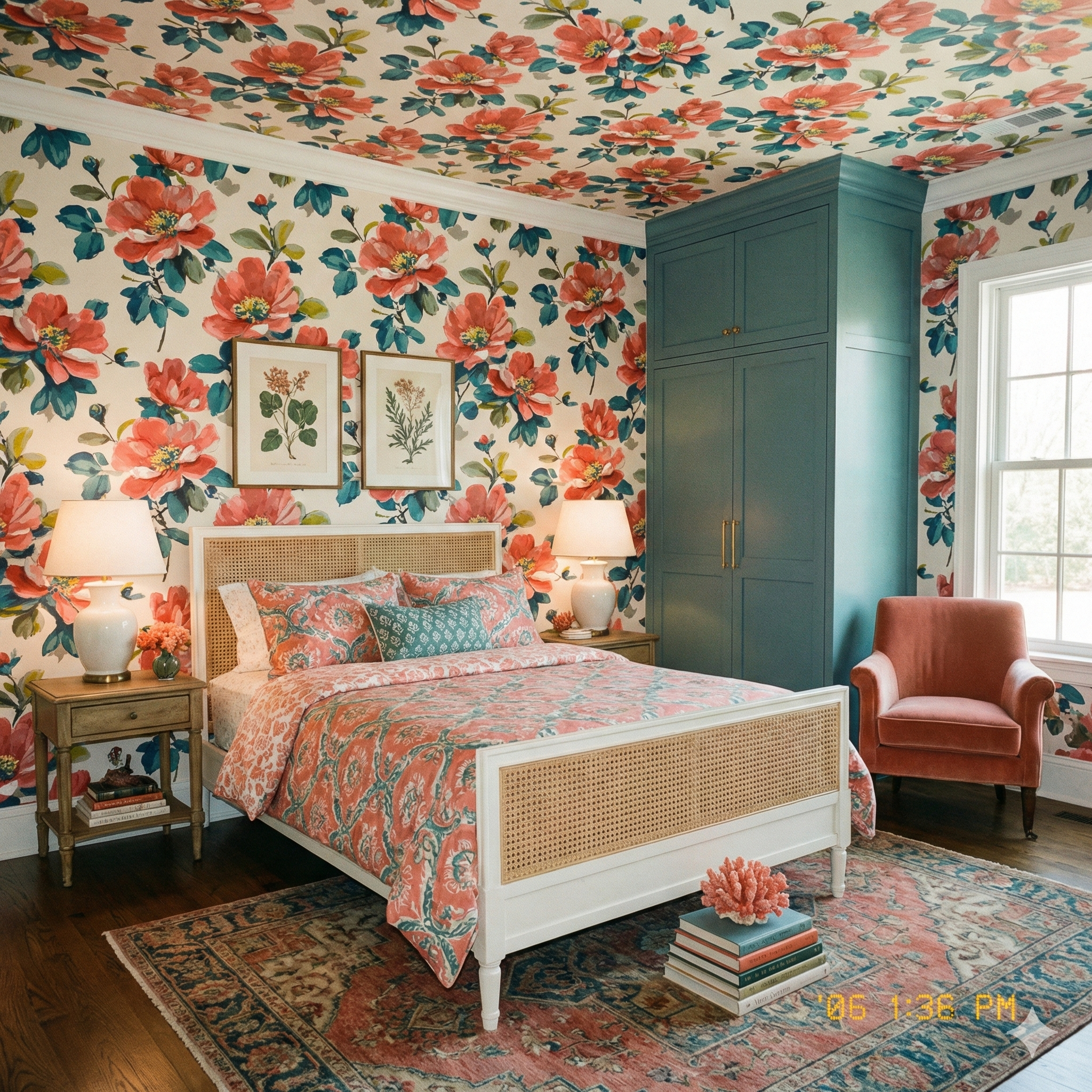 Floral Roselle Court Wallpaper with red and green pattern on white background.