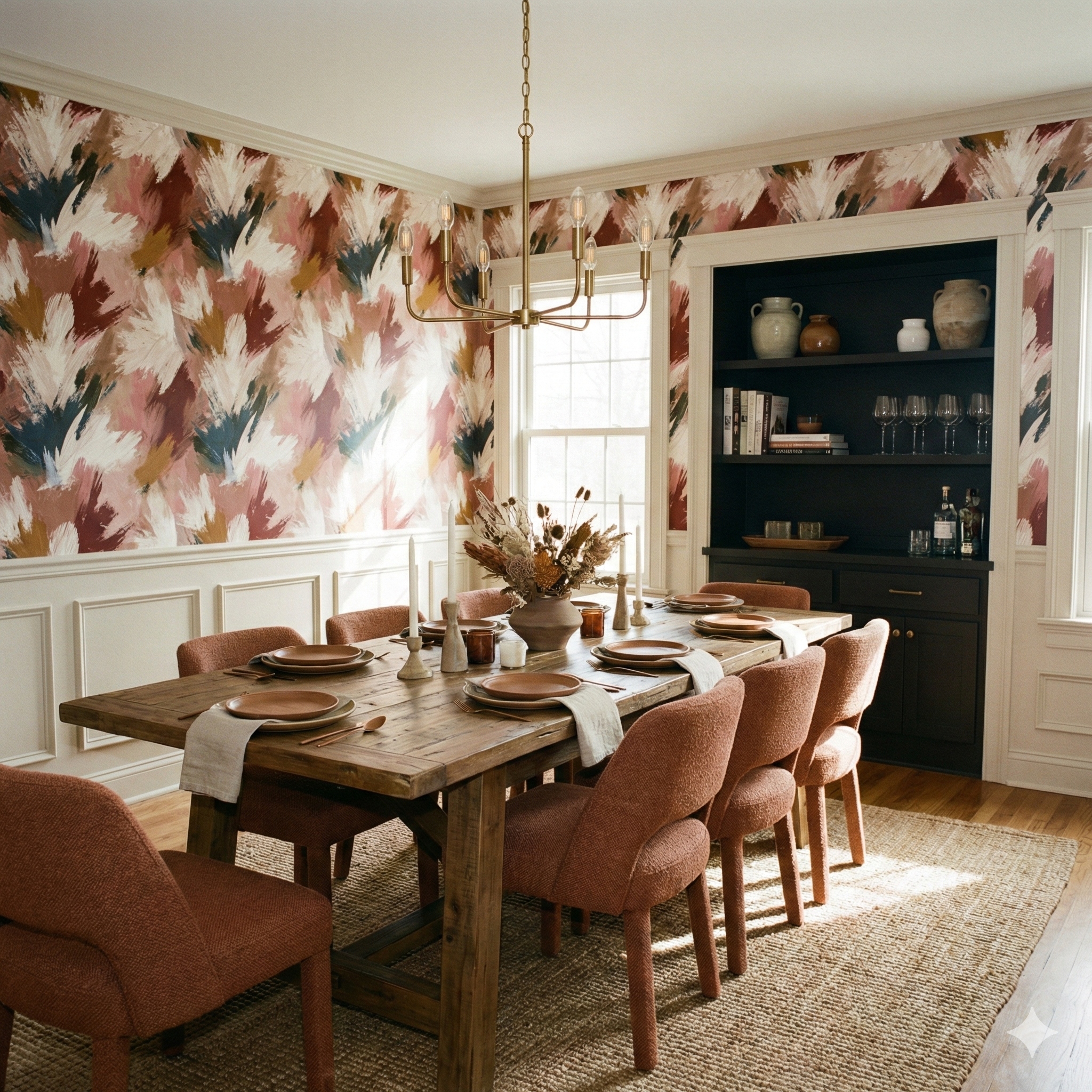 Tidal Gesture Wallpaper with painterly brushstrokes in white, pink, navy, and brown.
