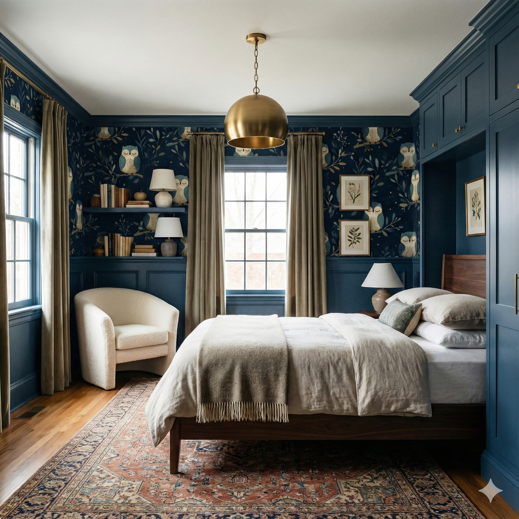 Moonlark Perch wallpaper with owl and foliage pattern, styled on a blue accent wall.
