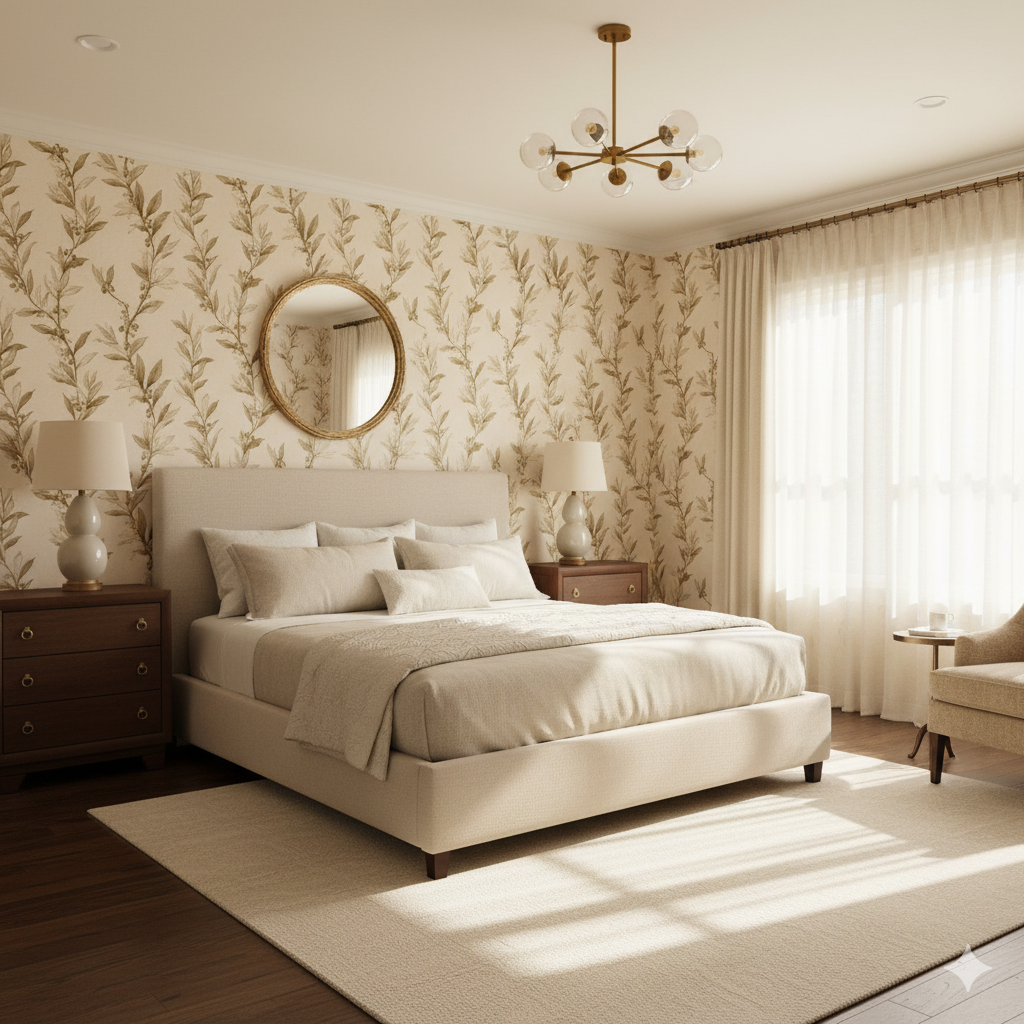 Olive Trails Wallpaper with leaf pattern covering a neutral-toned bedroom wall, accented with a gold-framed mirror.