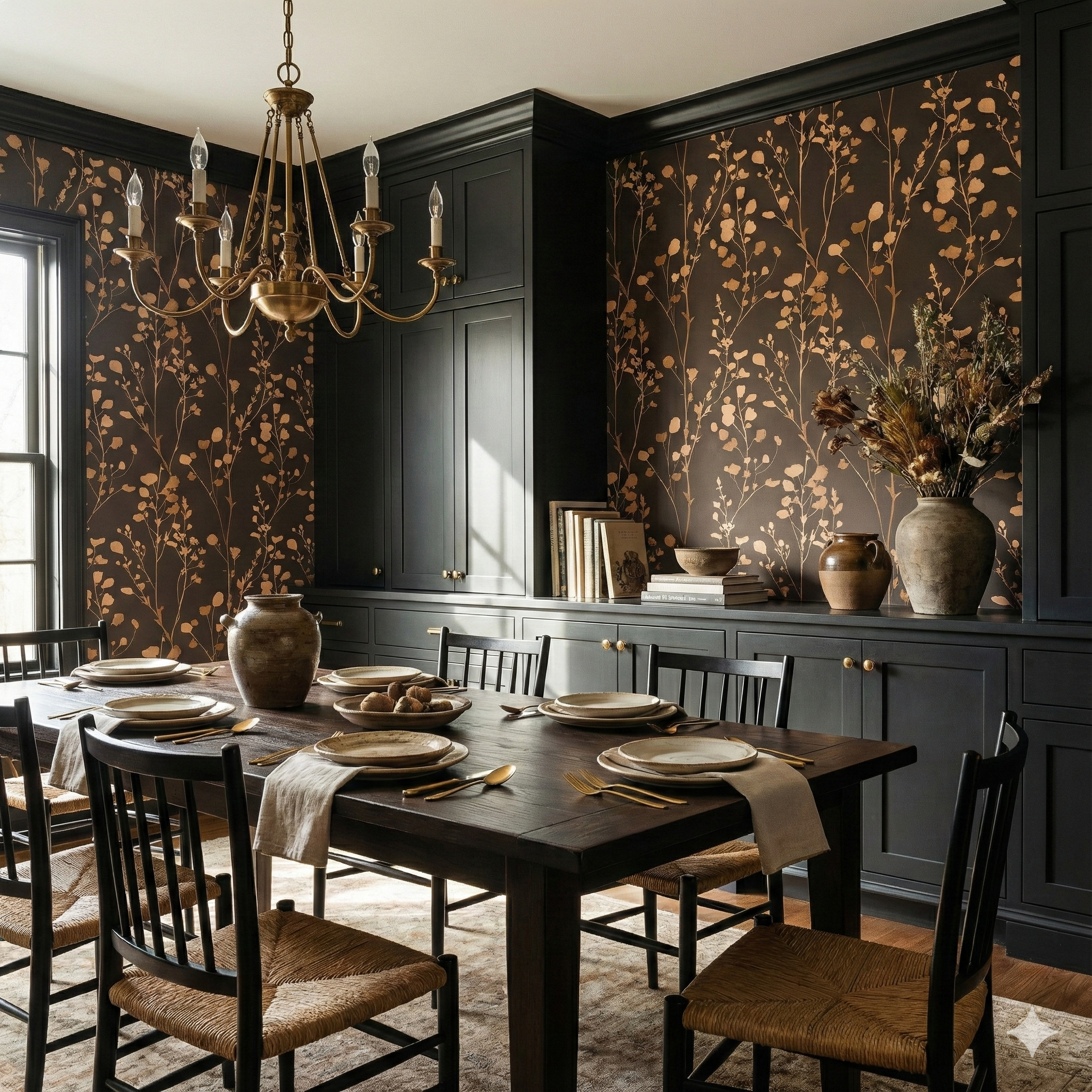 Floral wallpaper in shades of copper on brown, Emberline Nocturne Wallpaper, covering a dining room.