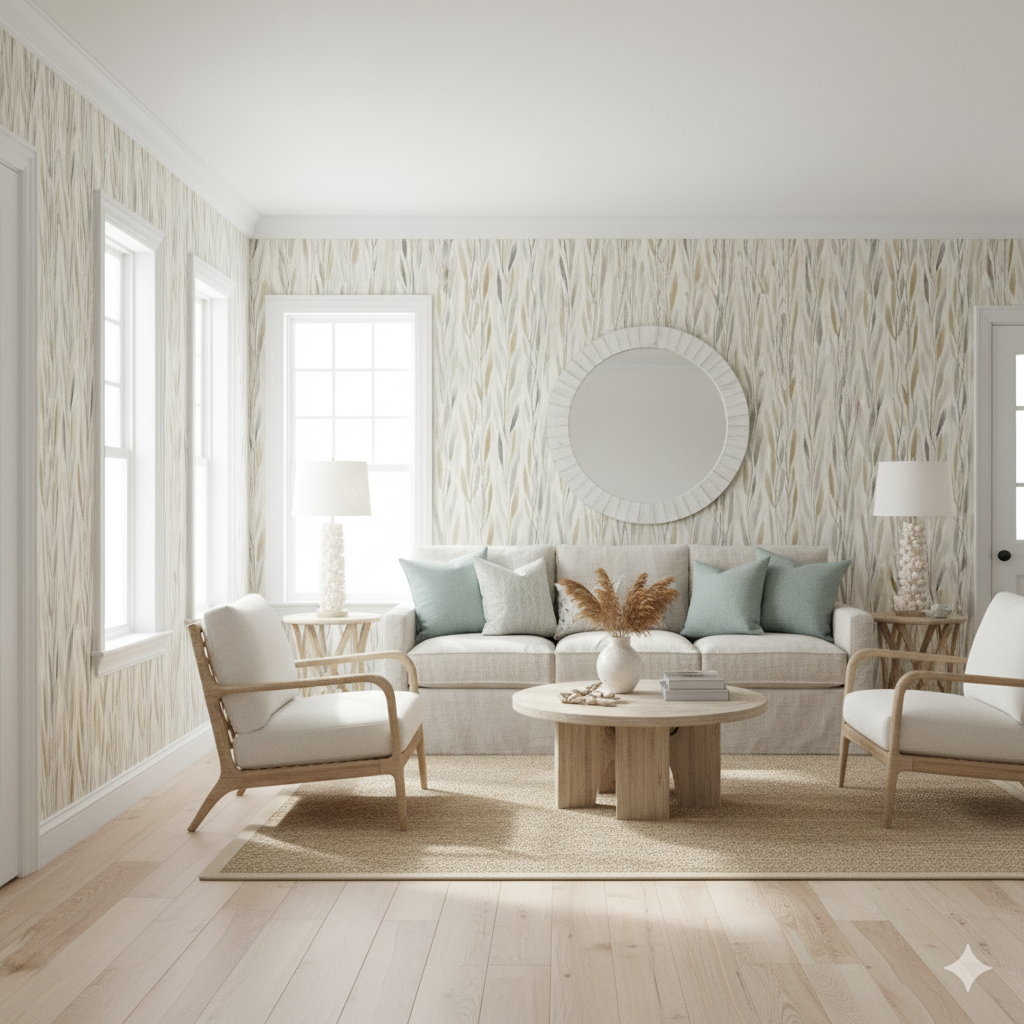 Coastal Sway wallpaper with a leaf pattern, displayed in a living room setting.
