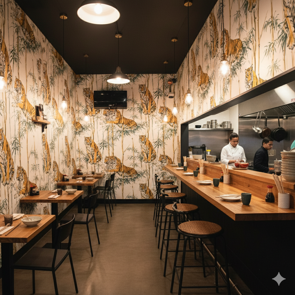 Tiger and bamboo wallpaper by Unknown, covering the walls of a restaurant.