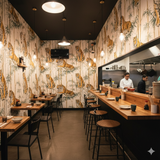 Tiger and bamboo wallpaper by Unknown, covering the walls of a restaurant.
