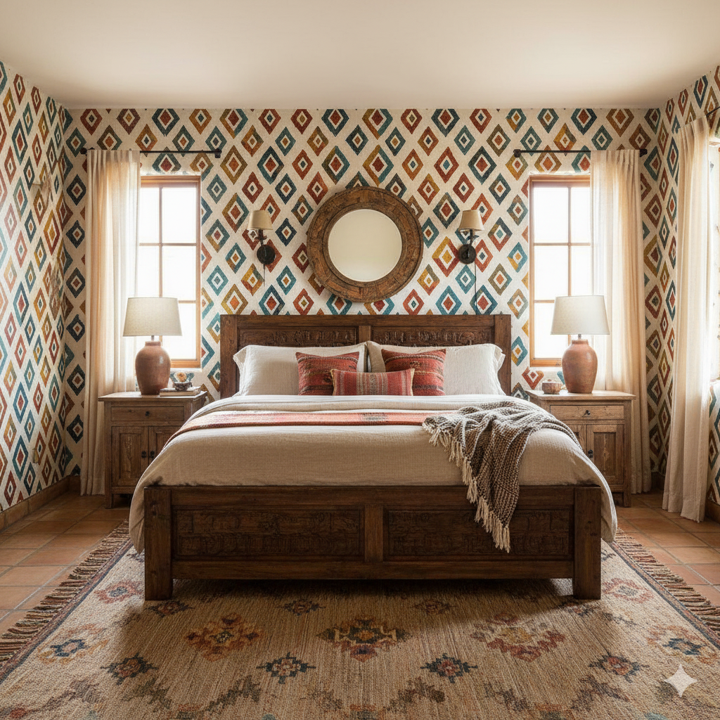 Colorful Sonora Diamond Wallpaper with patterned design, featuring blue, red, orange and yellow diamonds.