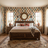 Colorful Sonora Diamond Wallpaper with patterned design, featuring blue, red, orange and yellow diamonds.