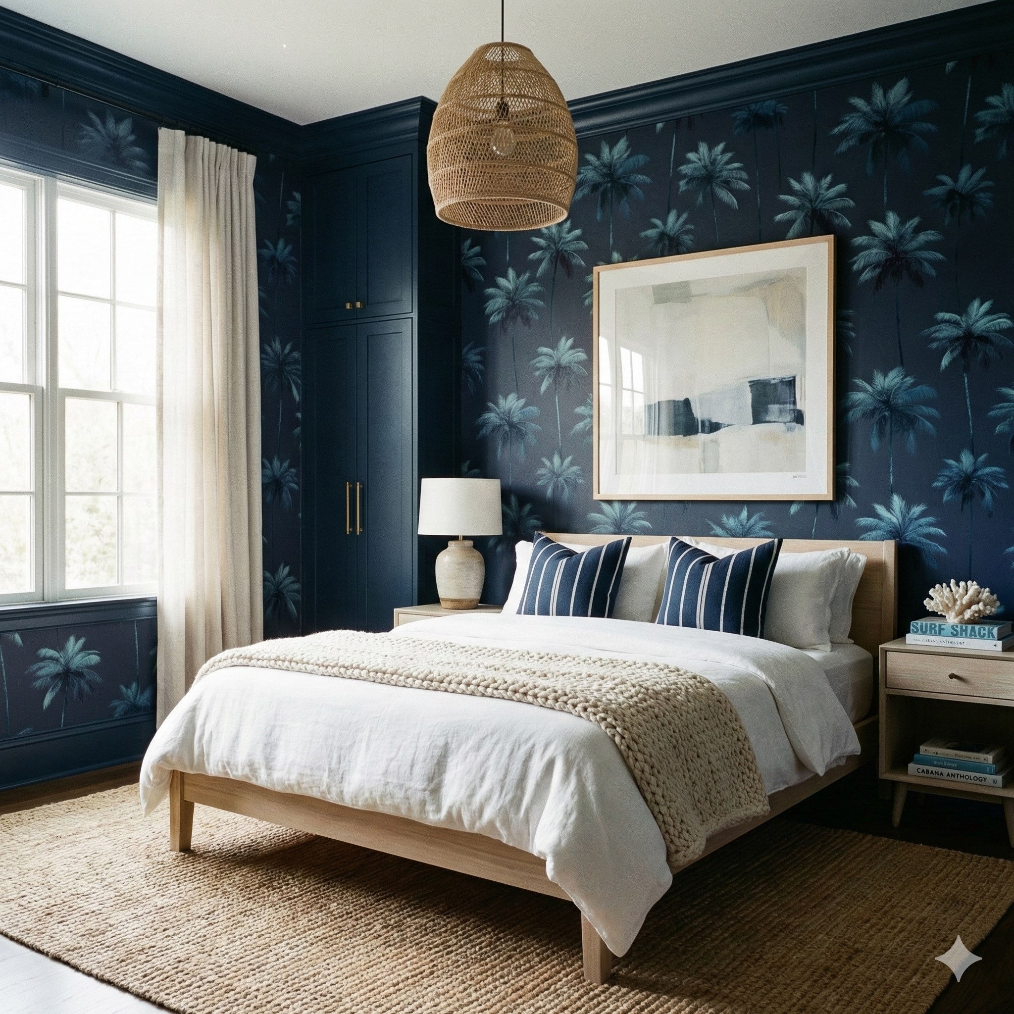 Blue Palm Nocturne Wallpaper with palm tree pattern, covering the bedroom walls.