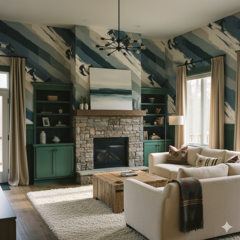 Ski-themed wallpaper with a striped pattern, showing skiers descending a mountain slope, on a wall in a cozy living room.