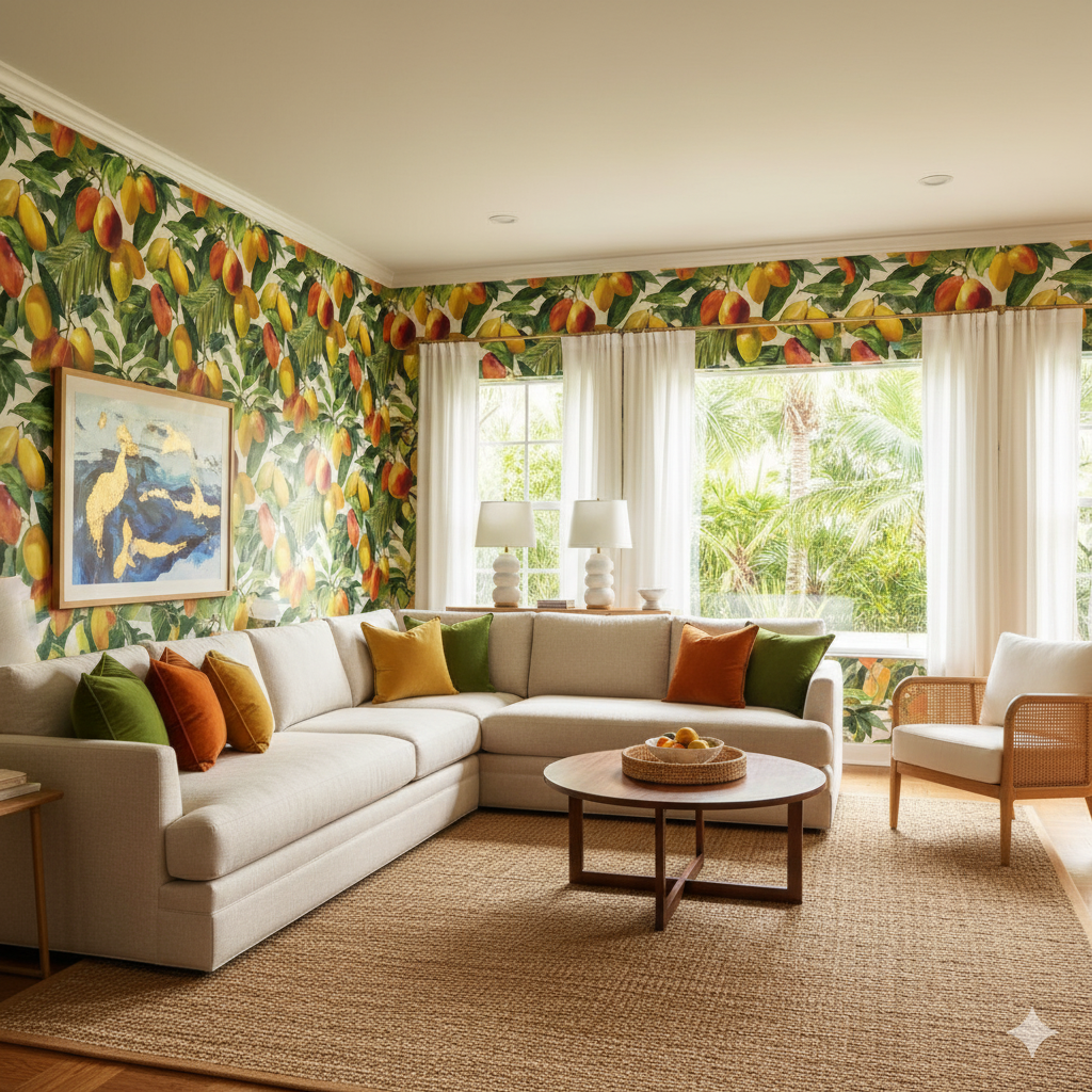 Mango Grove wallpaper with a colorful mango and leaf pattern on white background.
