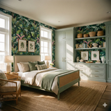 Botanical wallpaper featuring lush, tropical foliage by Verdanta, seen in a bedroom setting with natural lighting.