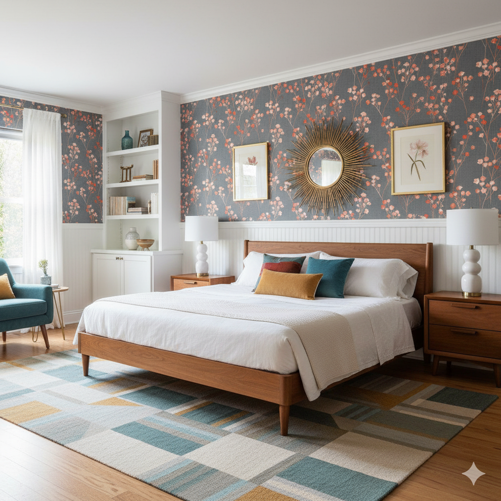Floral blush Hawthorne wallpaper with gray background, from York Wallcoverings, in a stylish bedroom setting.