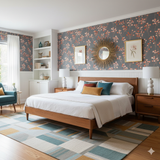 Floral blush Hawthorne wallpaper with gray background, from York Wallcoverings, in a stylish bedroom setting.