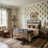 Sonoran Stillness Wallpaper featuring a cactus pattern, accenting a Southwestern-style bedroom.
