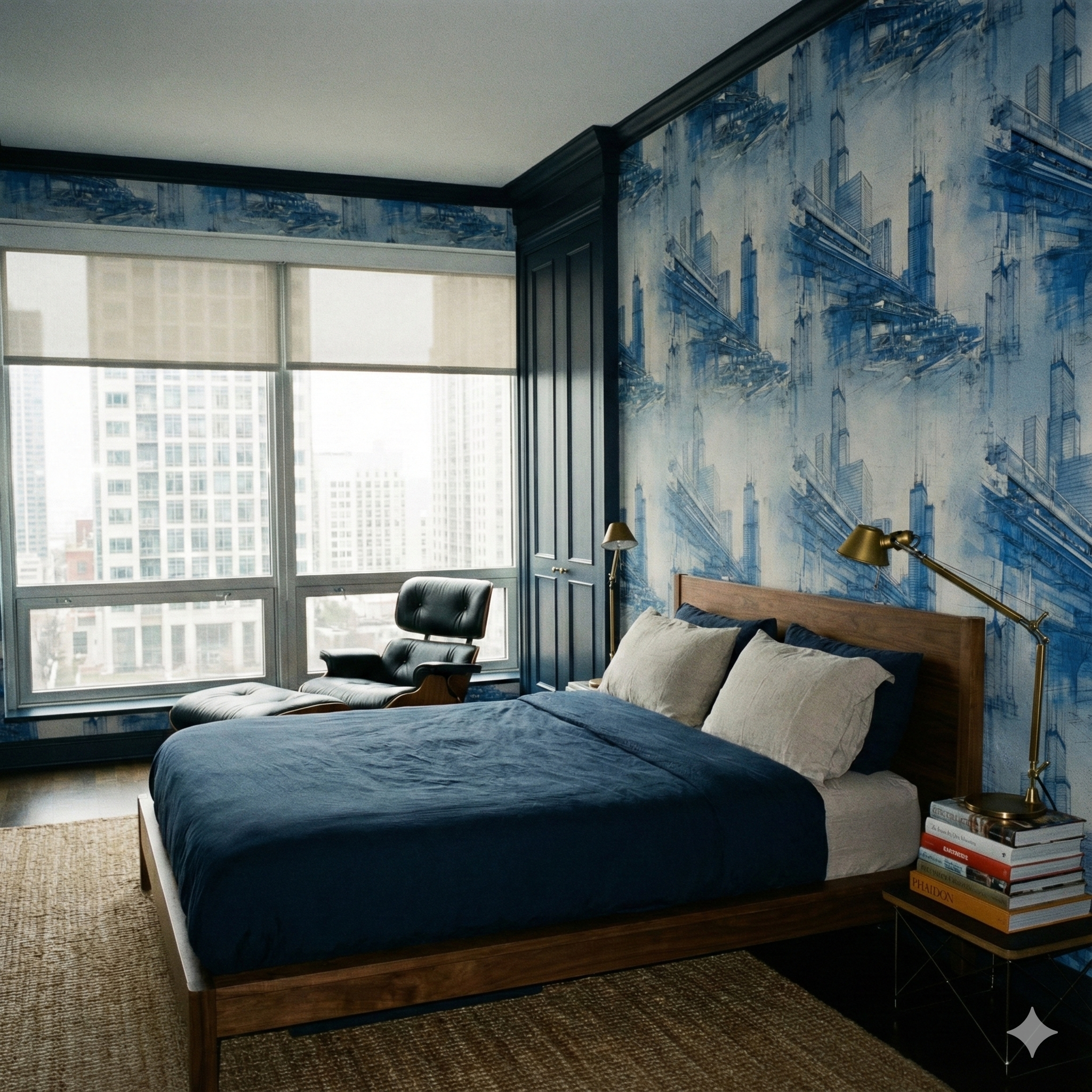 Blueprint metropolis wallpaper, from Wallshoppe, featuring a blue city skyline pattern on a textured background.
