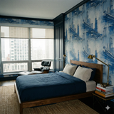 Blueprint metropolis wallpaper, from Wallshoppe, featuring a blue city skyline pattern on a textured background.