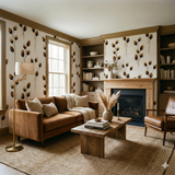 Fieldscript wallpaper with botanical pattern from Wallshoppe, covering the walls in a cozy living room scene.

