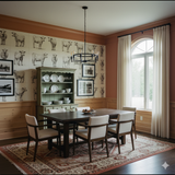Lineage Herd Wallpaper, adorned with black and white cow illustrations, covering a dining room wall.