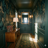 Sylvan Guardian Wallpaper with repeating dog and foliage pattern on dark green background.