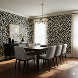 Black and white Cinder Stride Wallpaper with abstract pattern, covering a dining room wall.
