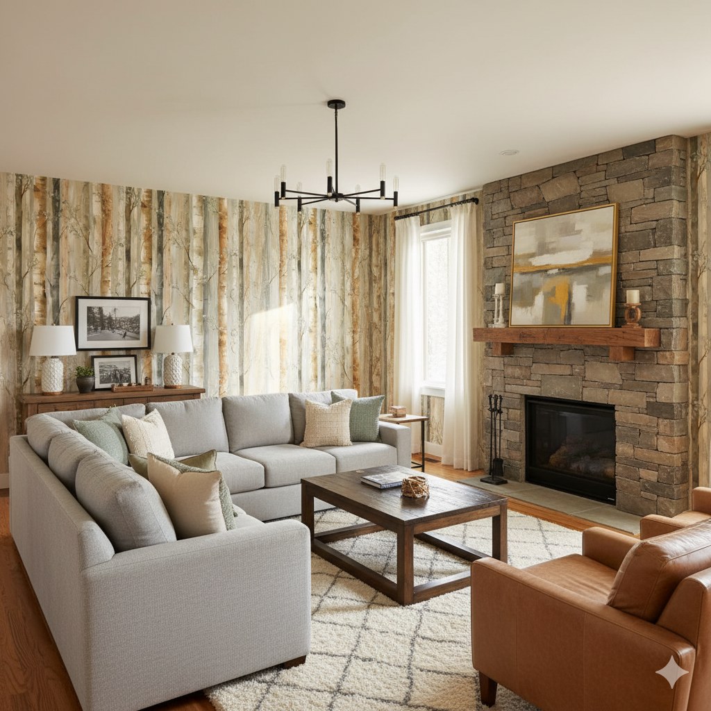 Aspen Vale wallpaper with birch tree pattern, covering a wall in a neutrally decorated living room.

