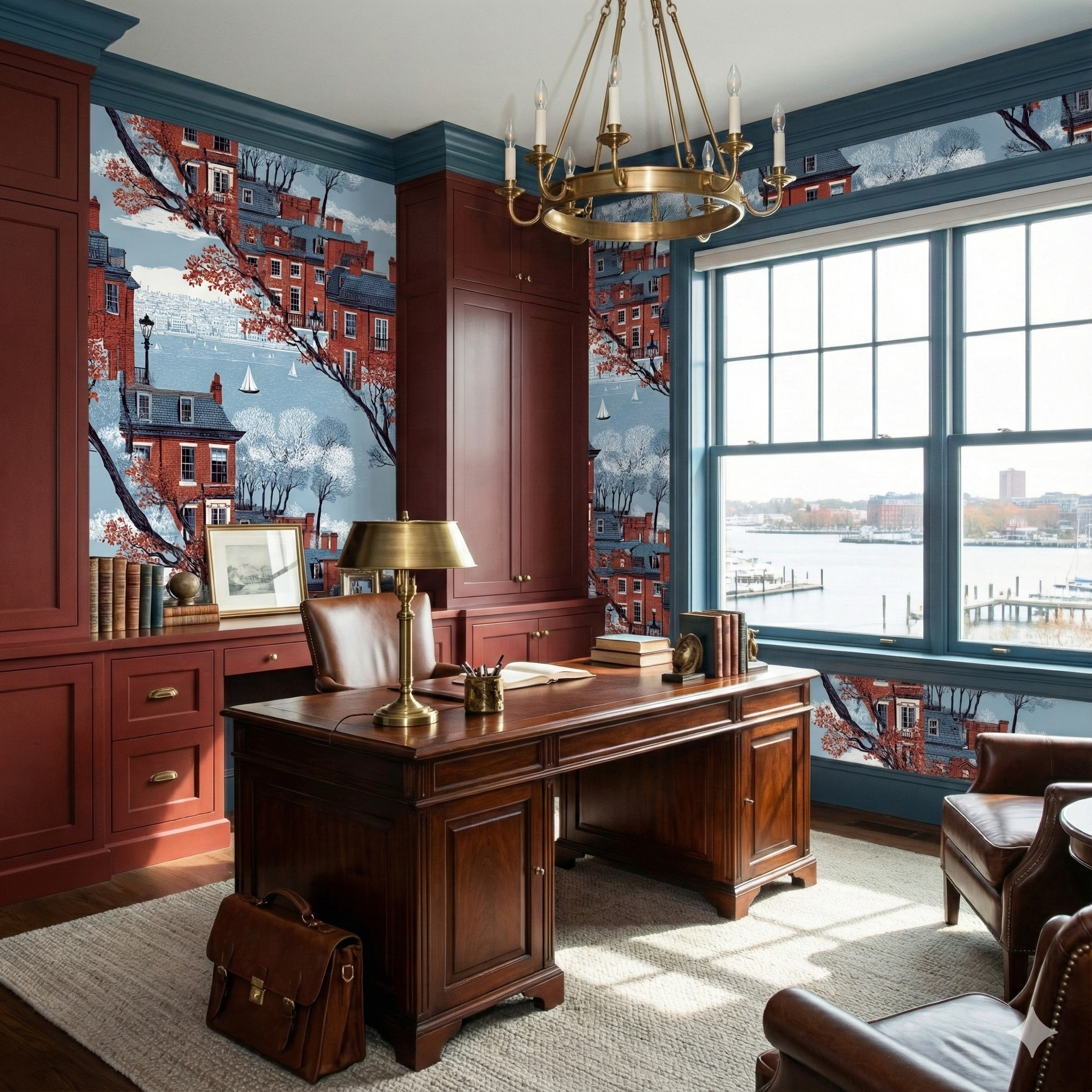 Beaconshore Terrace Wallpaper with houses by the water, covering the walls of an office.