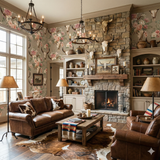 Floral and steer skull wallpaper with a gray background, featuring pink roses, and white steer skulls.
