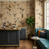 Apertif Blueprint wallpaper with sketched martini glasses pattern over beige background.