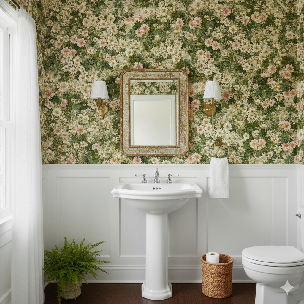 Floral Marigold Meadow Wallpaper with busy flower pattern in a traditional bathroom setting.