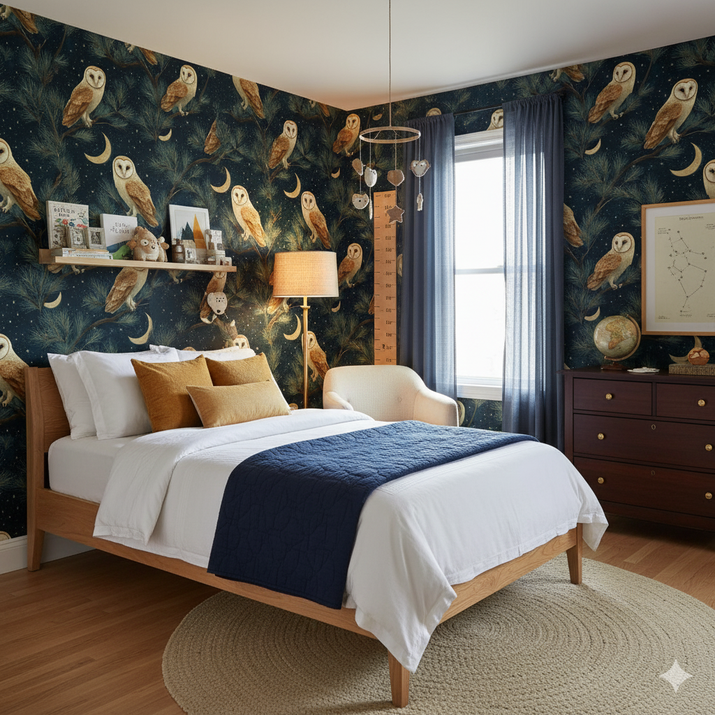 Celestial Roost Wallpaper with owl and moon pattern with a night sky background.