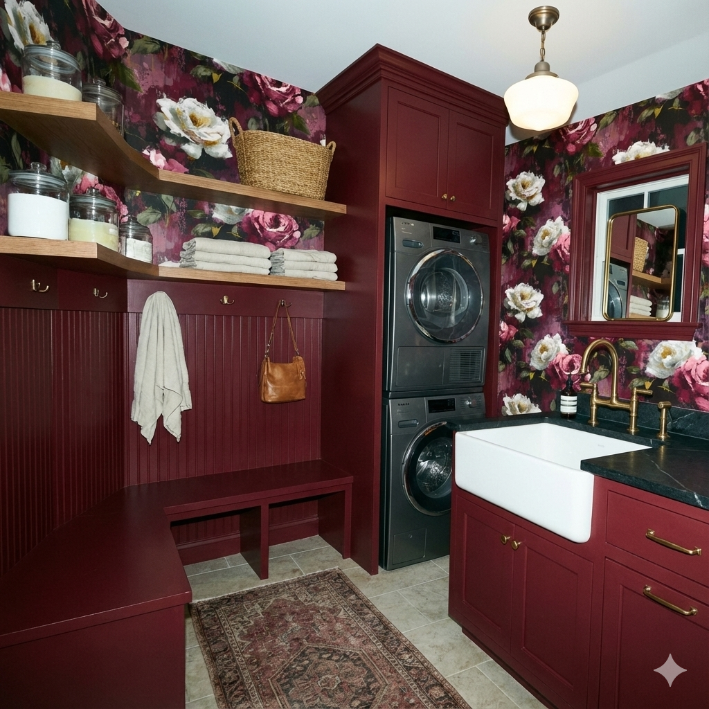 Floral wallpaper in burgundy with white roses, Rosava Marquette Wallpaper with a romantic, vintage style.